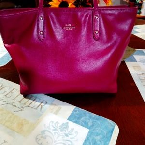 Coach Cross Grain Leather City Zip Tote in color Magenta.